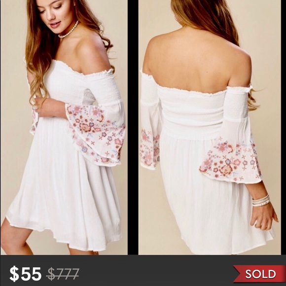 @SOULCRUSHER716 Dresses & Skirts - FLORAL EMBROIDERED OFF SHOULDER BELL SLEEVE DRESS